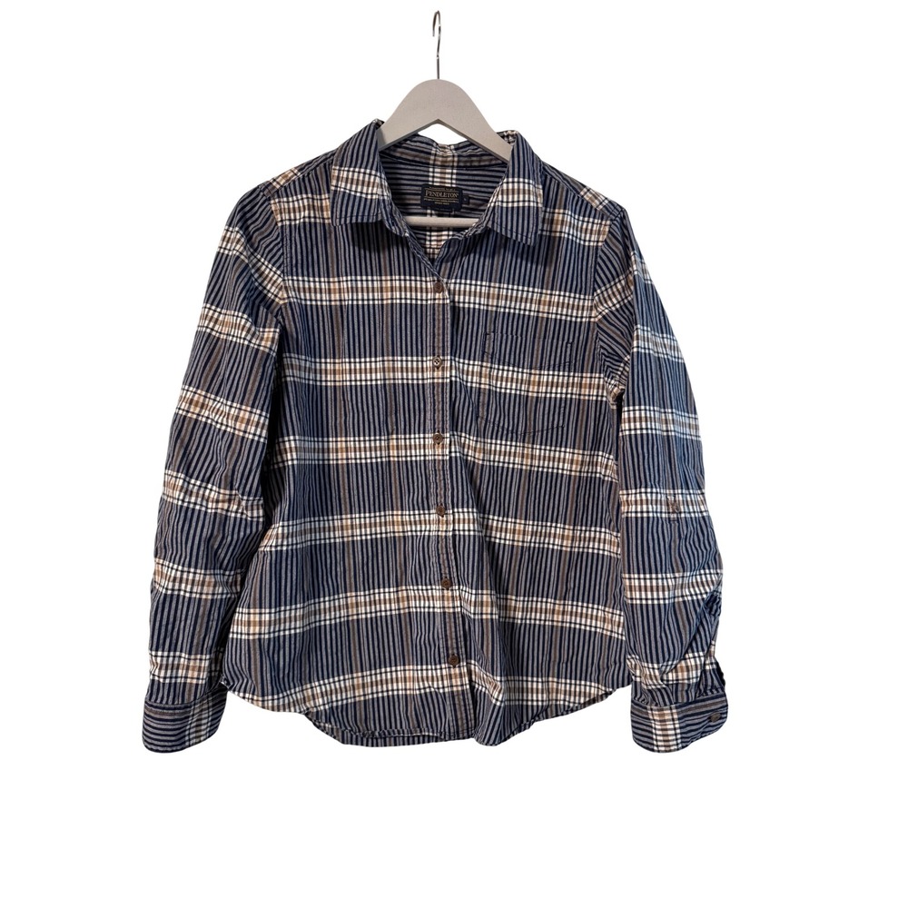 Pendleton Womens Navy Blue Plaid Cotton Button Down Roll Tab Sleeve Shirt L